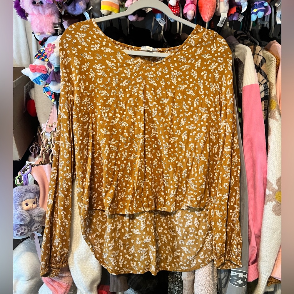 Vintage Style Mustard Yellow Floral Bell Sleeve Shirt